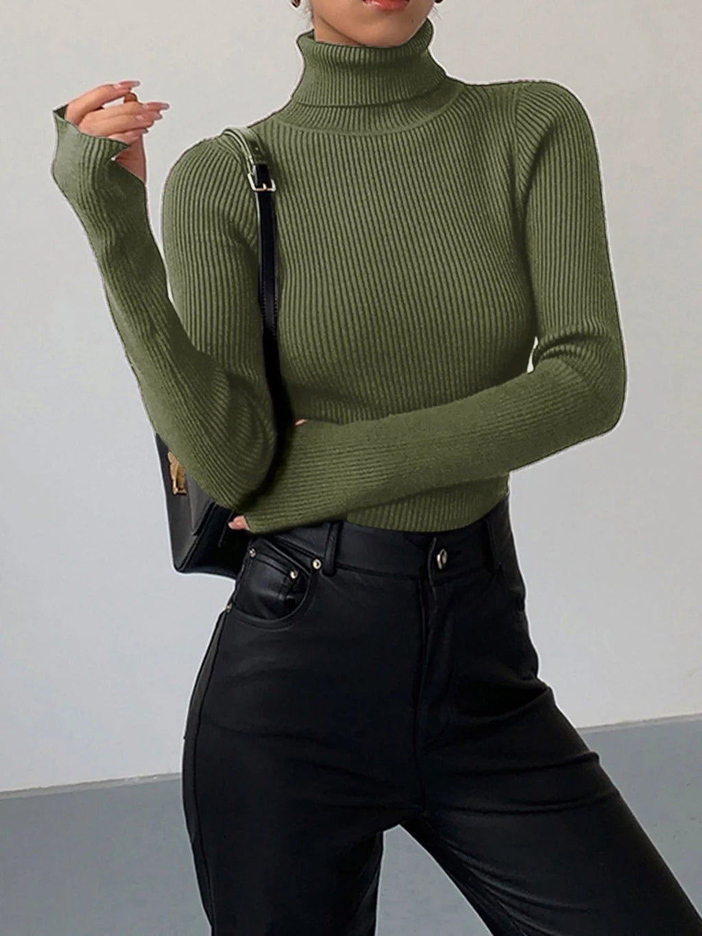 Textured Turtleneck Sweater Women - Black Ribbed — original product photo