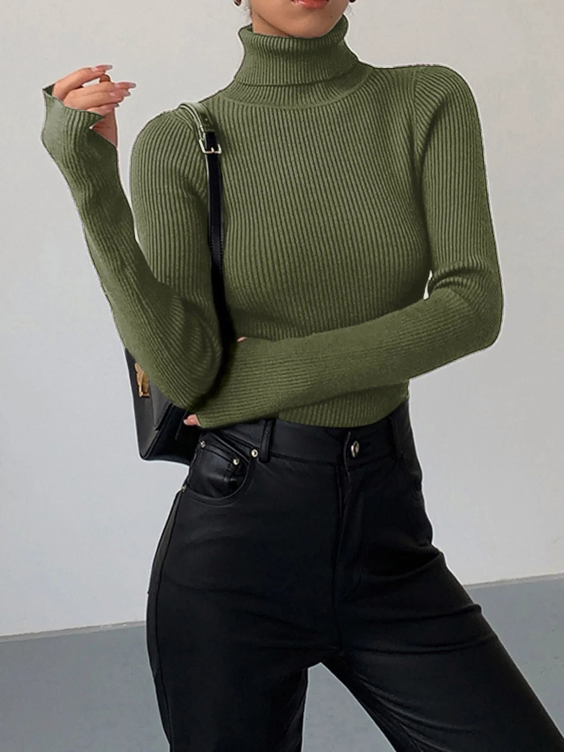 Textured Turtleneck Sweater Women - Black Ribbed — original product photo