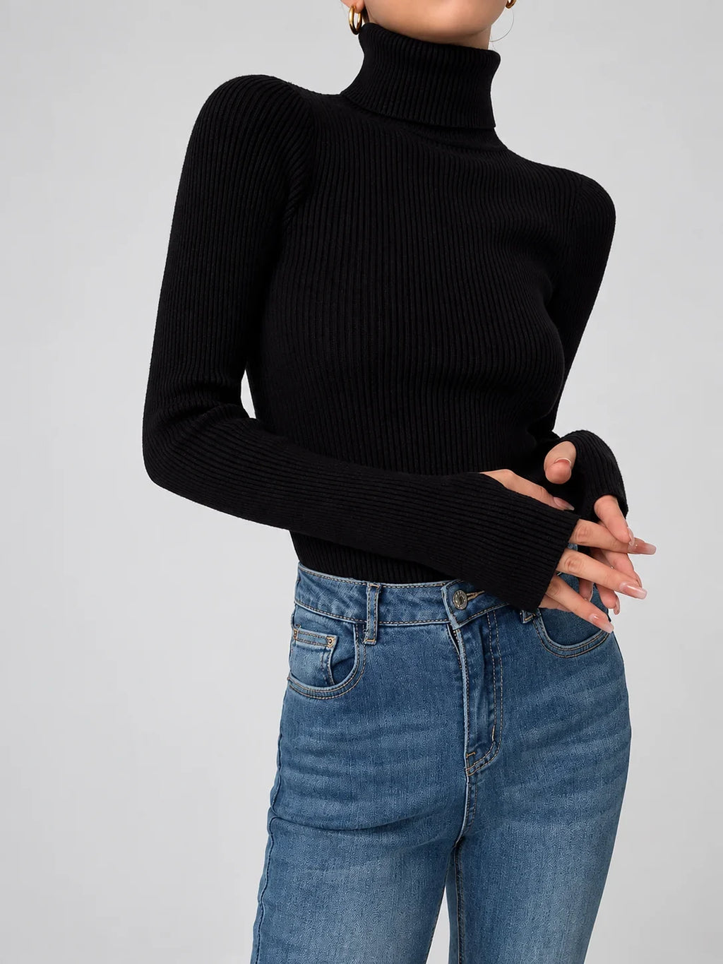Textured Turtleneck Sweater Women - Black Ribbed — first photo