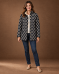 Cressida Quilted Puffer Jacket for Women - Print Stand Collar in Black Geometric Print