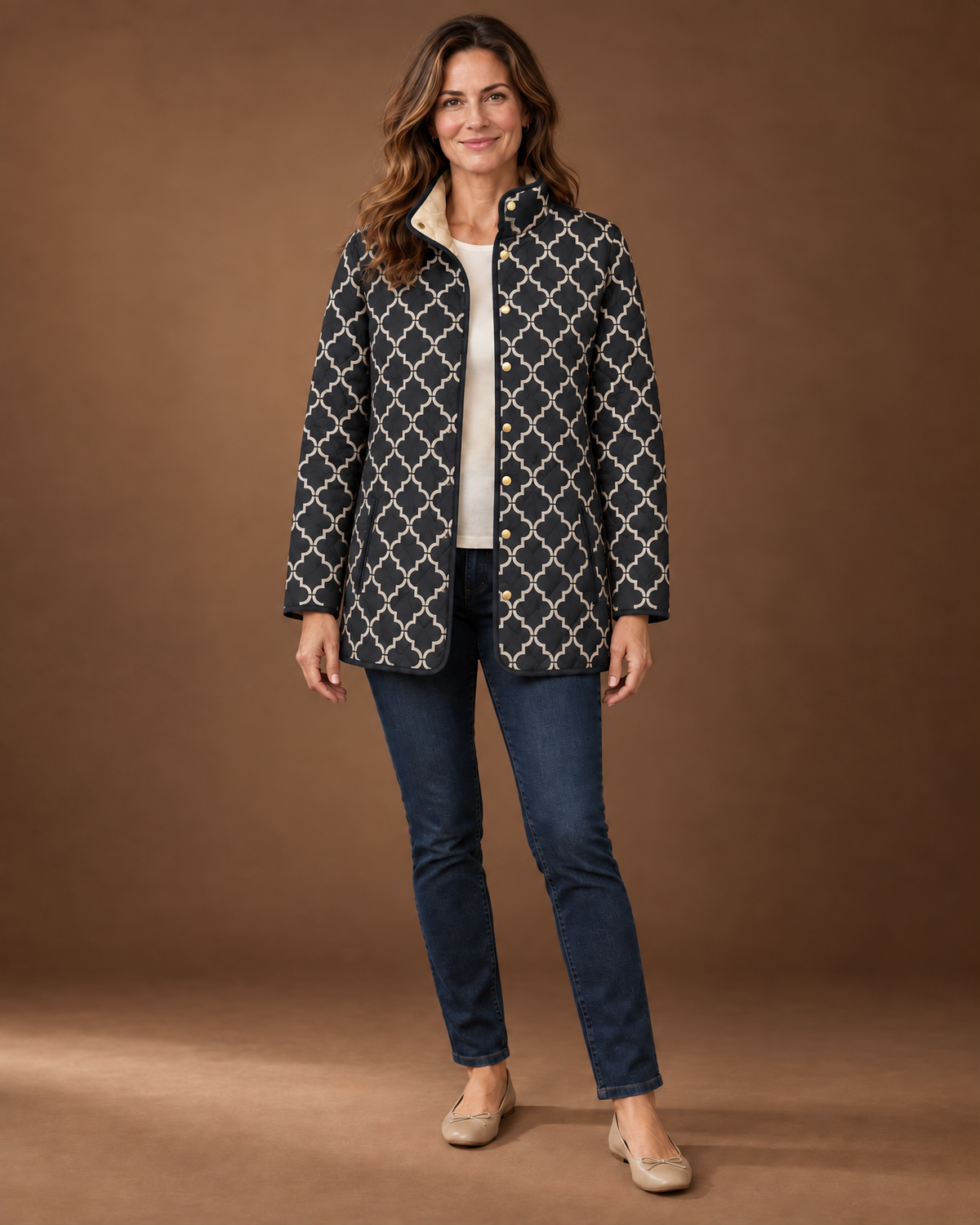 Cressida Quilted Puffer Jacket for Women - Print Stand Collar in Black Geometric Print