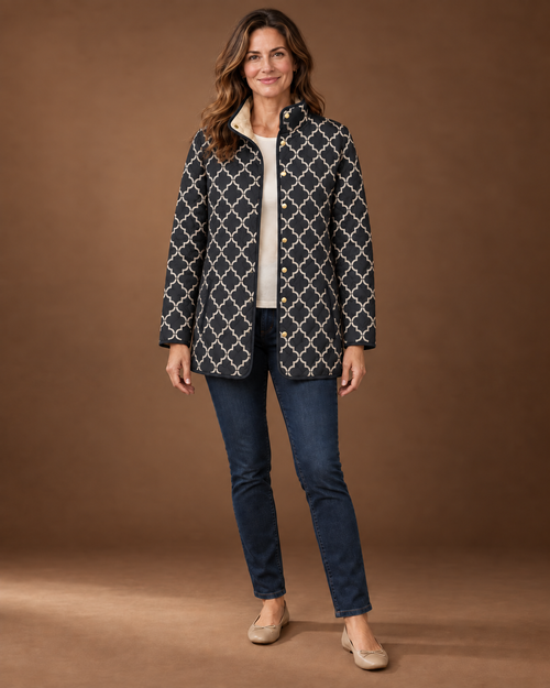 Cressida Quilted Puffer Jacket for Women - Print Stand Collar in Black Geometric Print