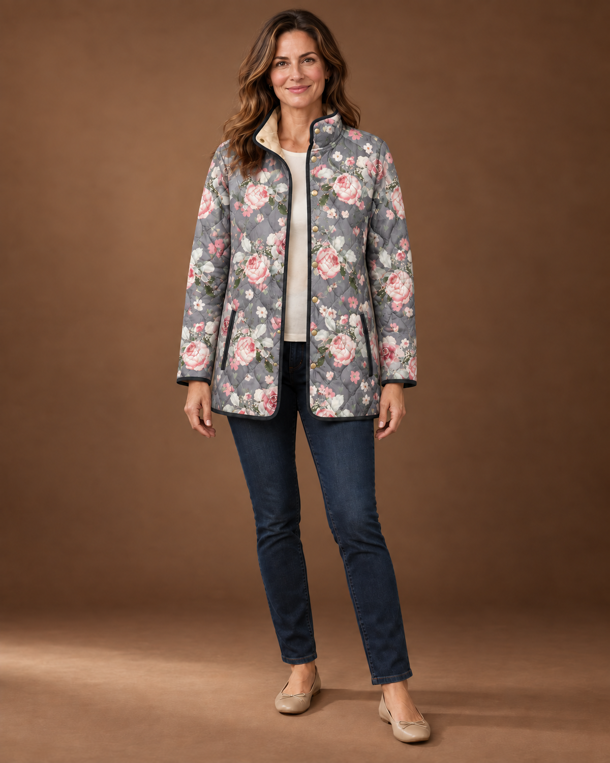 Cressida Quilted Puffer Jacket for Women - Print Stand Collar in Gray Wildflower