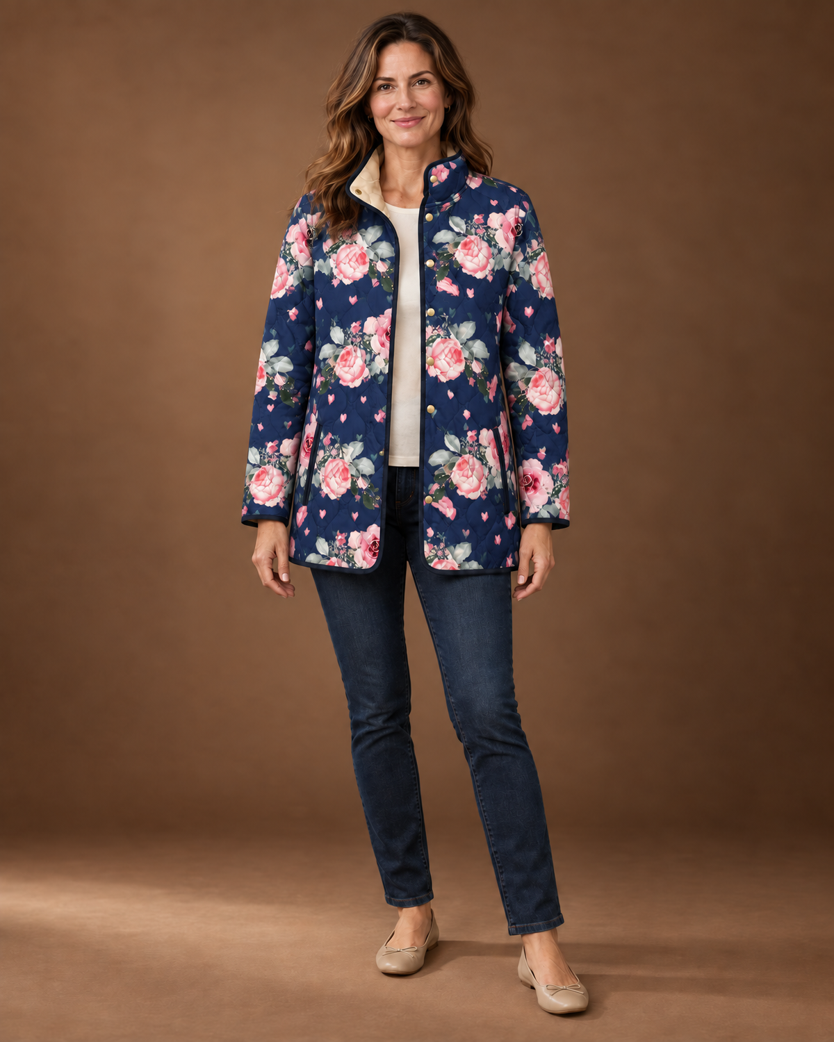 Cressida Quilted Puffer Jacket for Women - Print Stand Collar in Navy Rose Bouquet