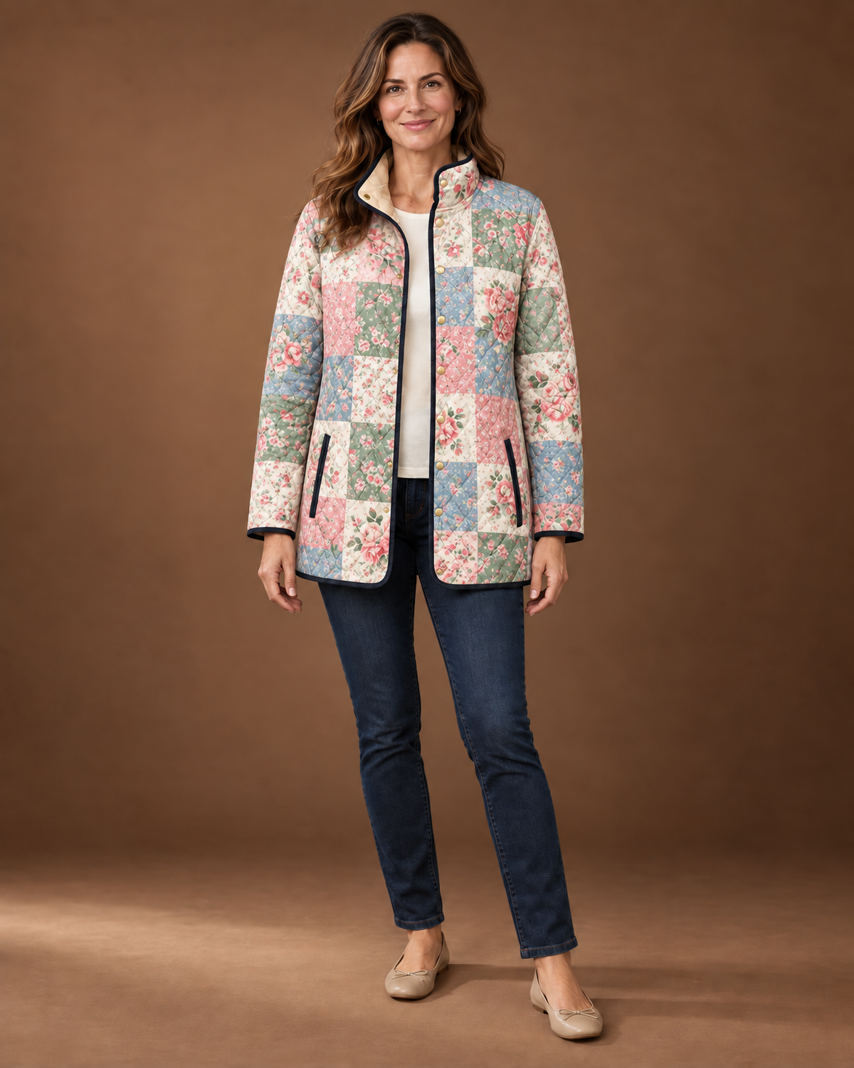 Cressida Quilted Puffer Jacket for Women - Print Stand Collar in Patchwork Floral