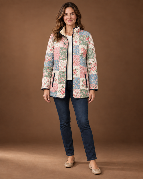 Cressida Quilted Puffer Jacket for Women - Print Stand Collar in Patchwork Floral
