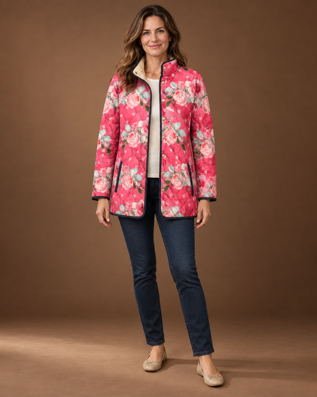 Cressida Quilted Puffer Jacket for Women - Print Stand Collar in Pink Floral