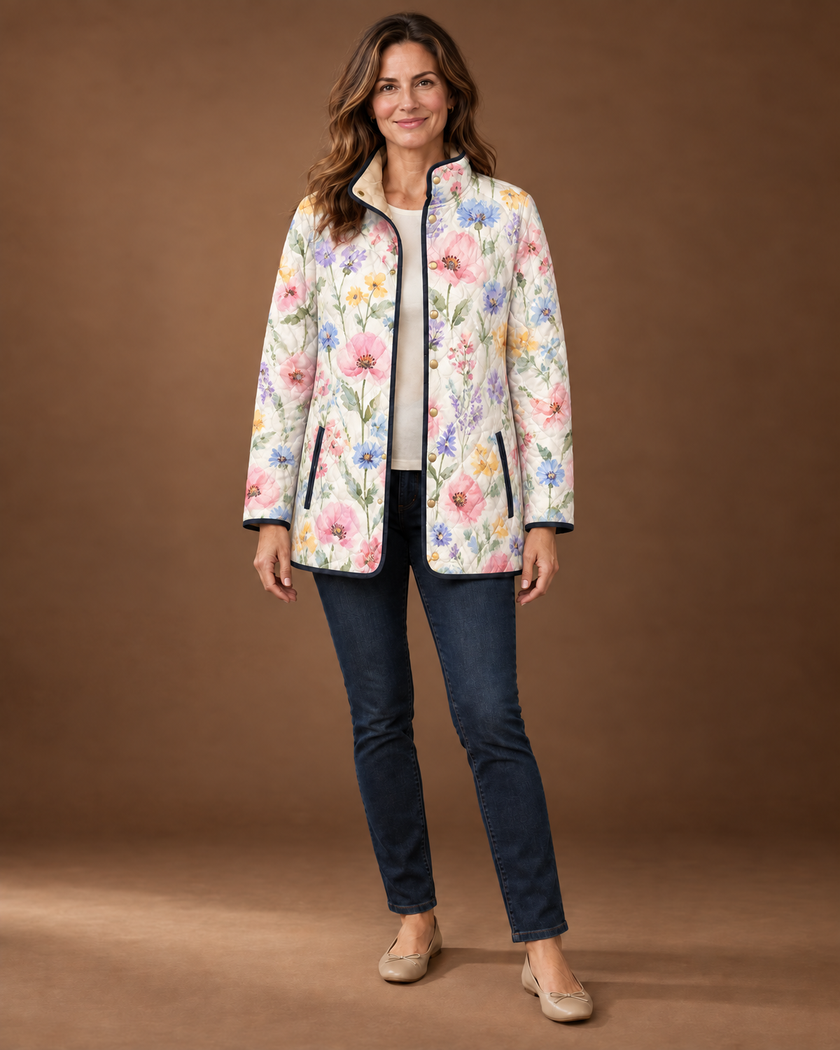 Cressida Quilted Puffer Jacket for Women - Print Stand Collar in Wildflower Watercolor