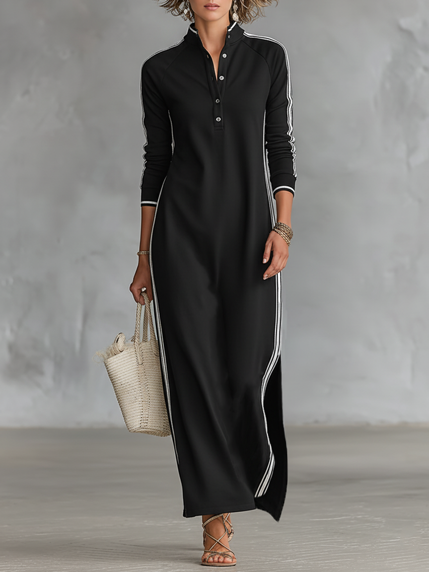 Long Sleeve Side Stripe Button Collar Maxi Dress — source view 8