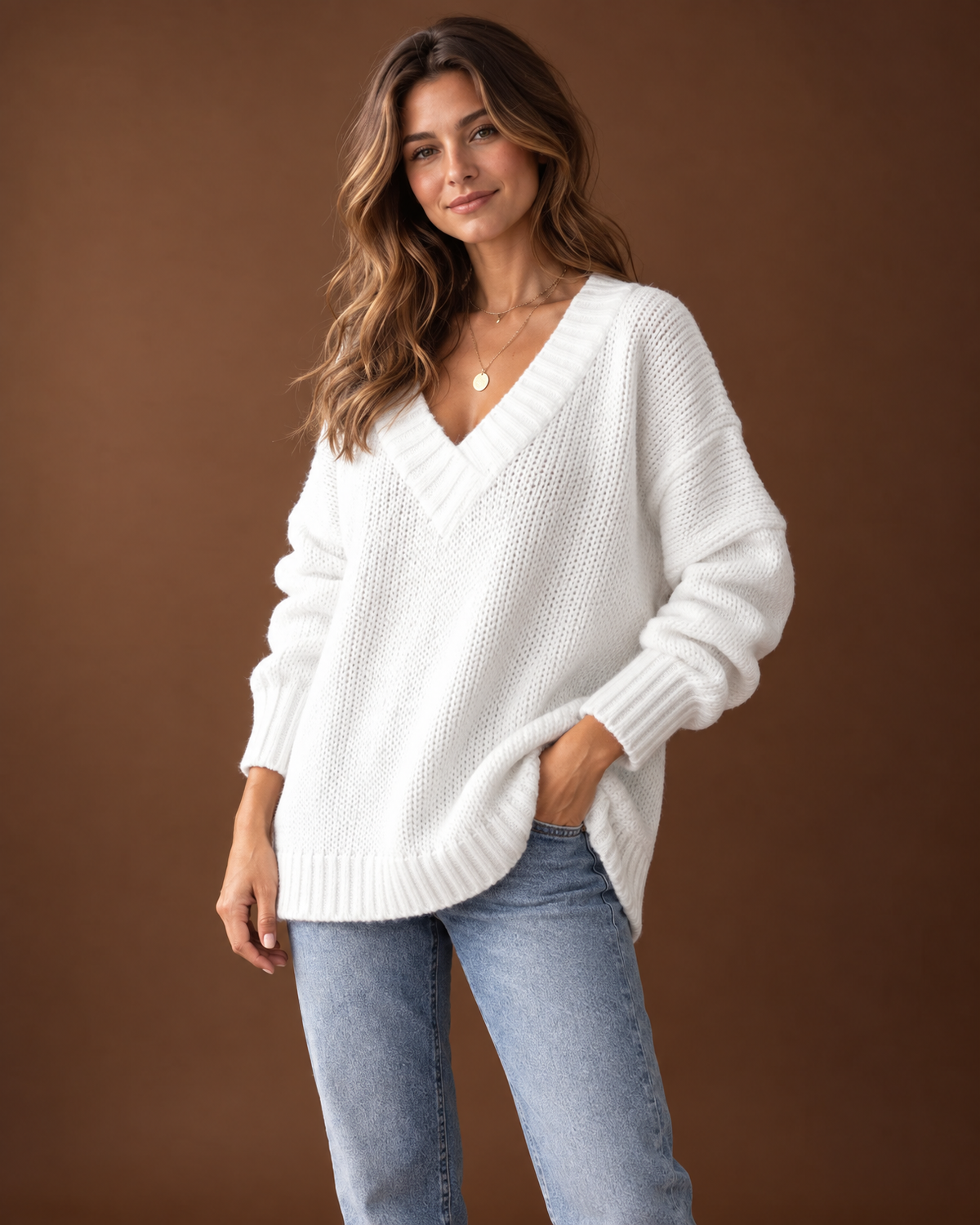 Dahlia V-Neck Sweater in White, detail view