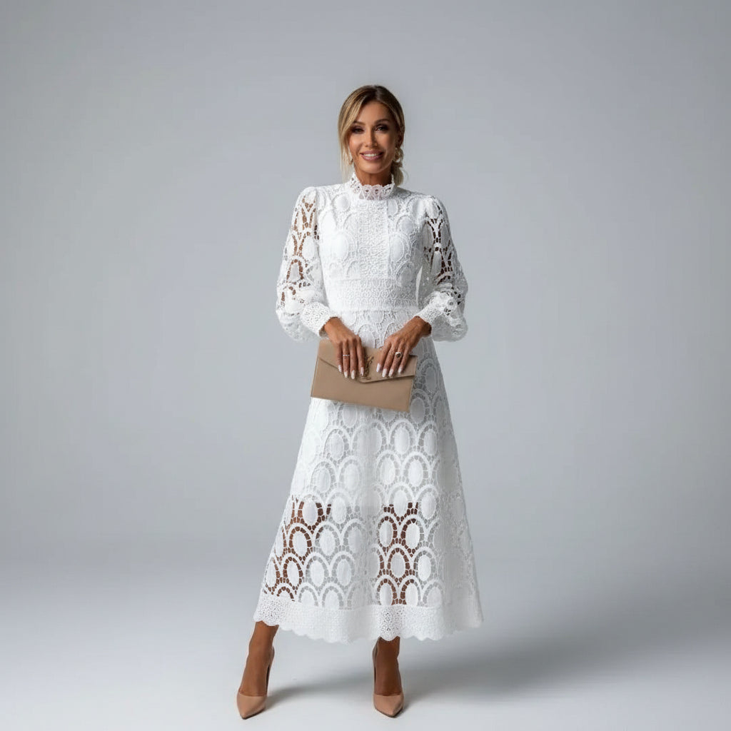 High Neck Long Sleeve Lace Midi Dress — source view 1
