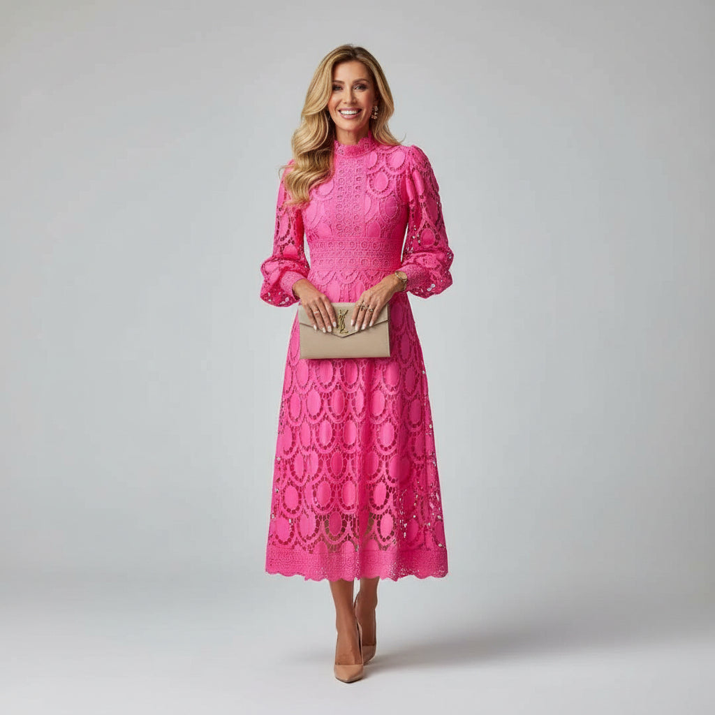 High Neck Long Sleeve Lace Midi Dress — source view 2