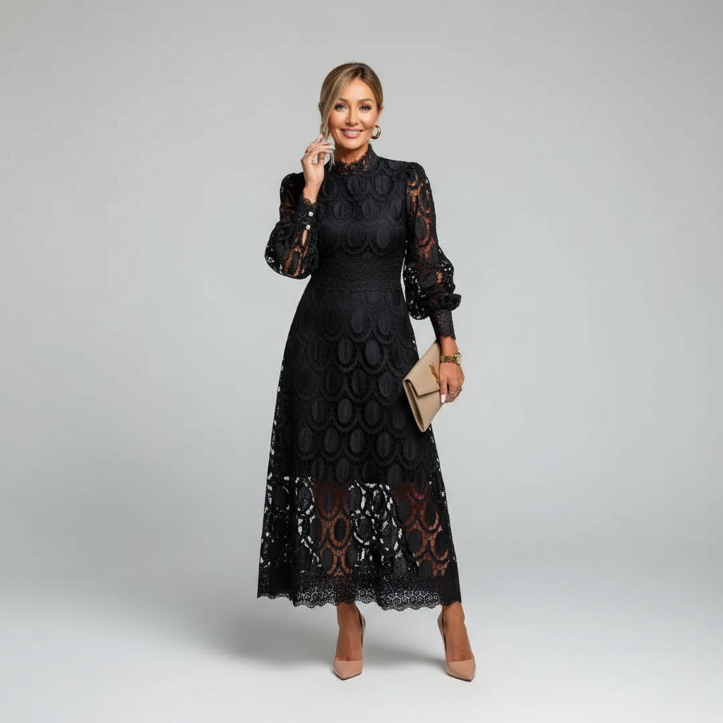 High Neck Long Sleeve Lace Midi Dress — source view 3