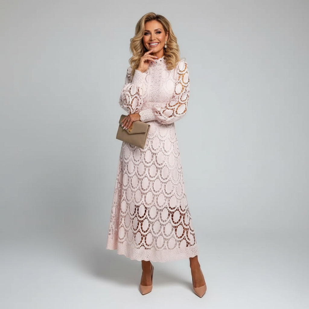 High Neck Long Sleeve Lace Midi Dress — source view 4