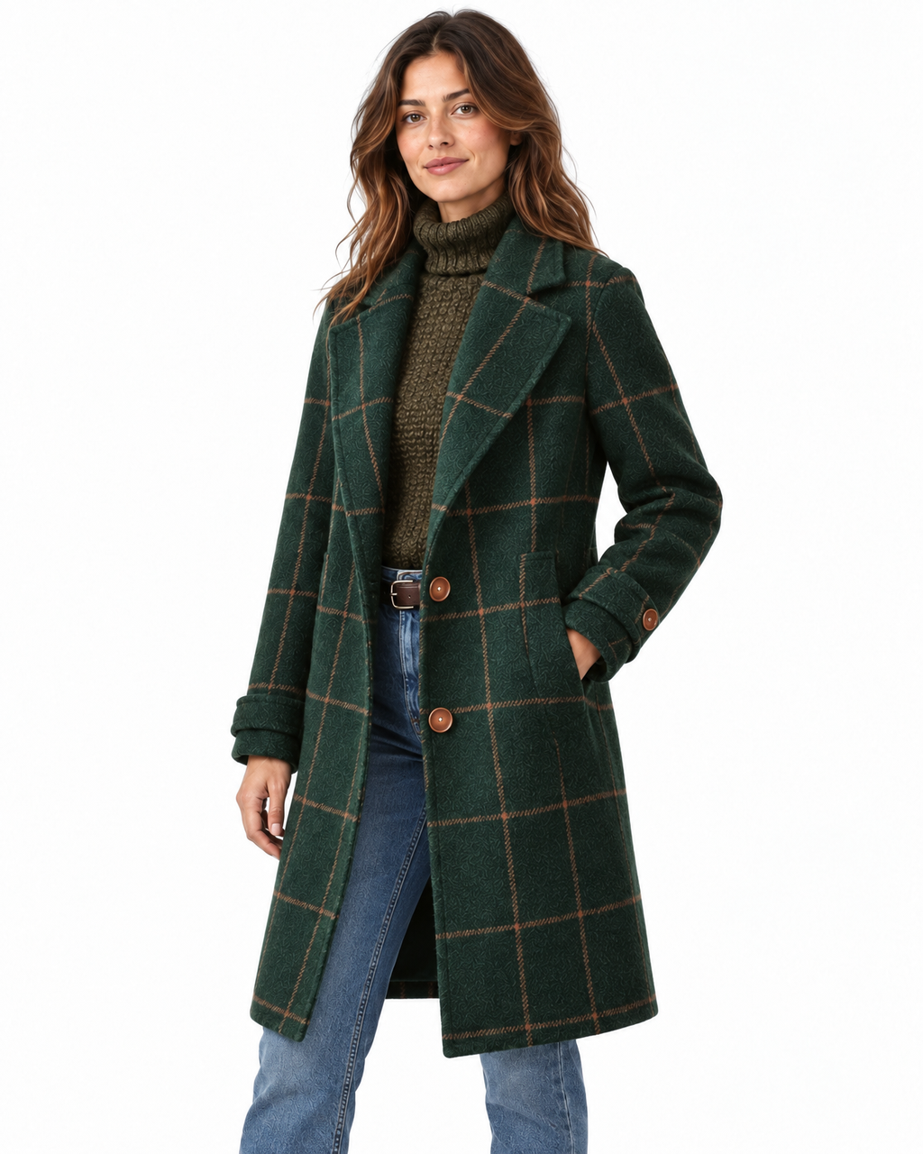 Eliza Checkered Wool-Look Coat for Women - Tailored Notch Lapel - Forest Green – detail view