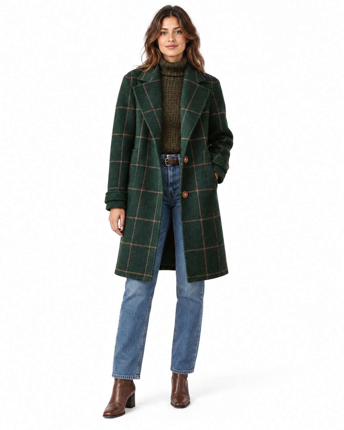 Eliza Checkered Wool Coat for Women - Tailored Notch Lapel - Forest Green – front view