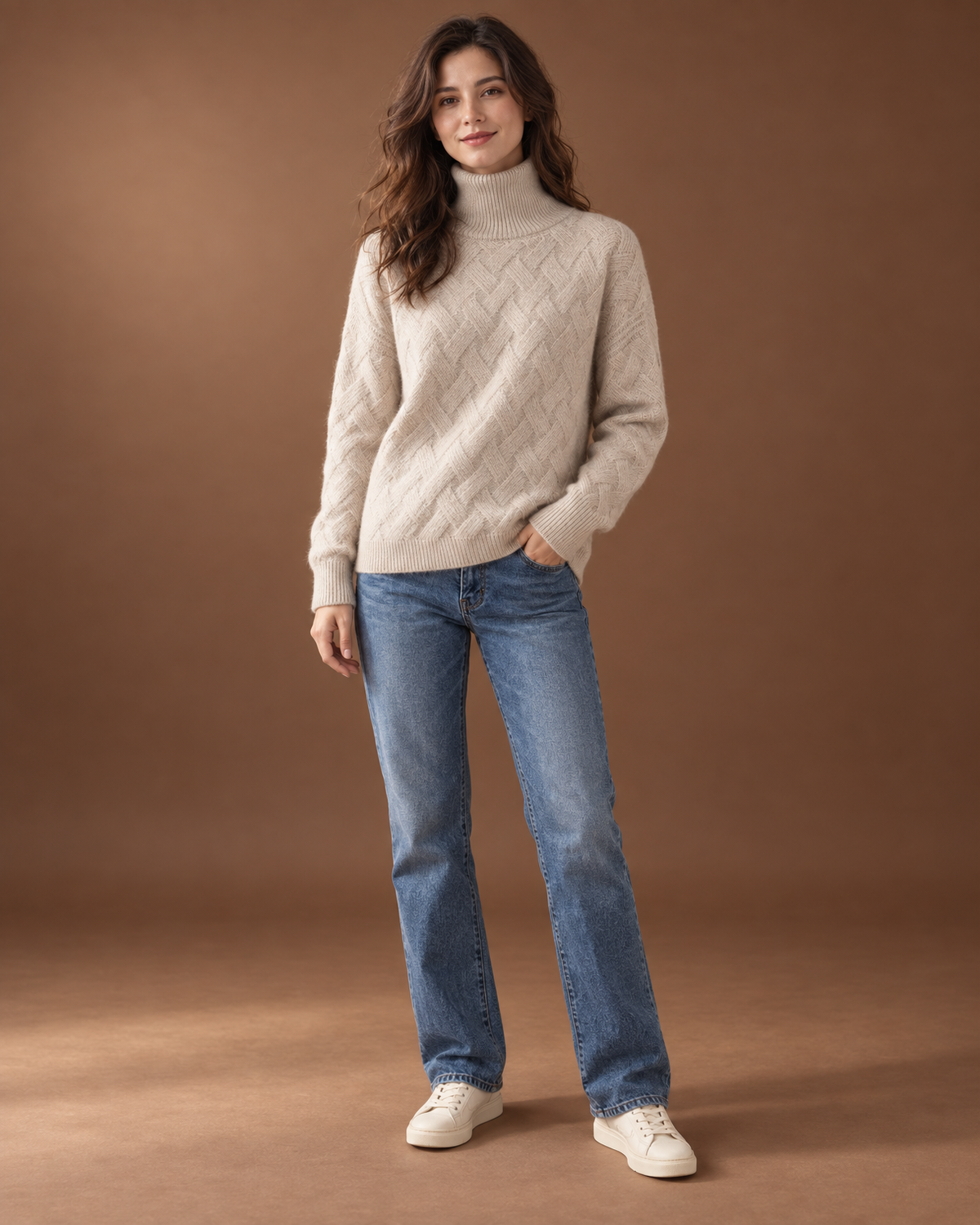 Elowen Cable Knit Turtleneck Sweater for Women - Cozy Ribbed Cuff in Beige