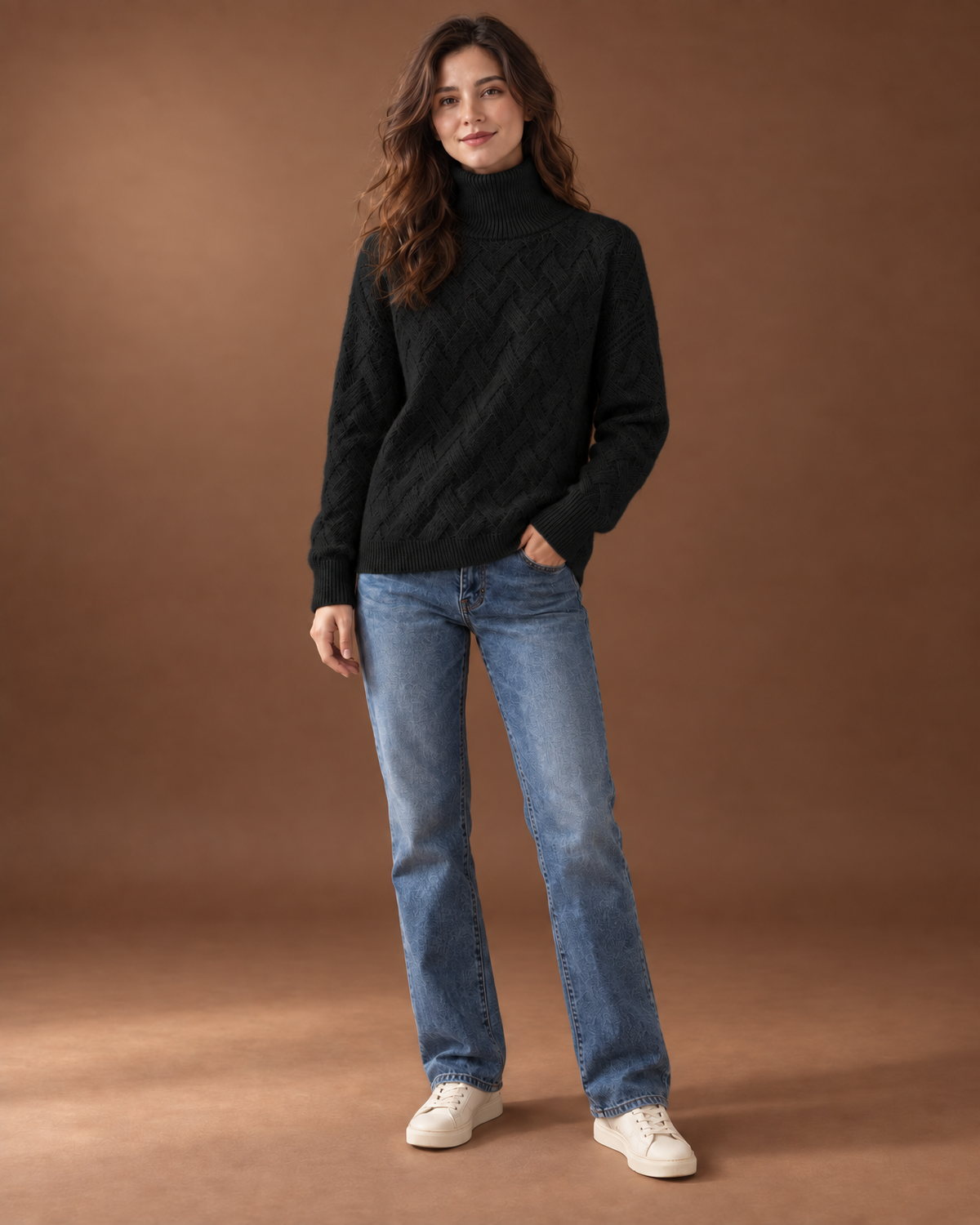 Elowen Cable Knit Turtleneck Sweater for Women - Cozy Ribbed Cuff in Black