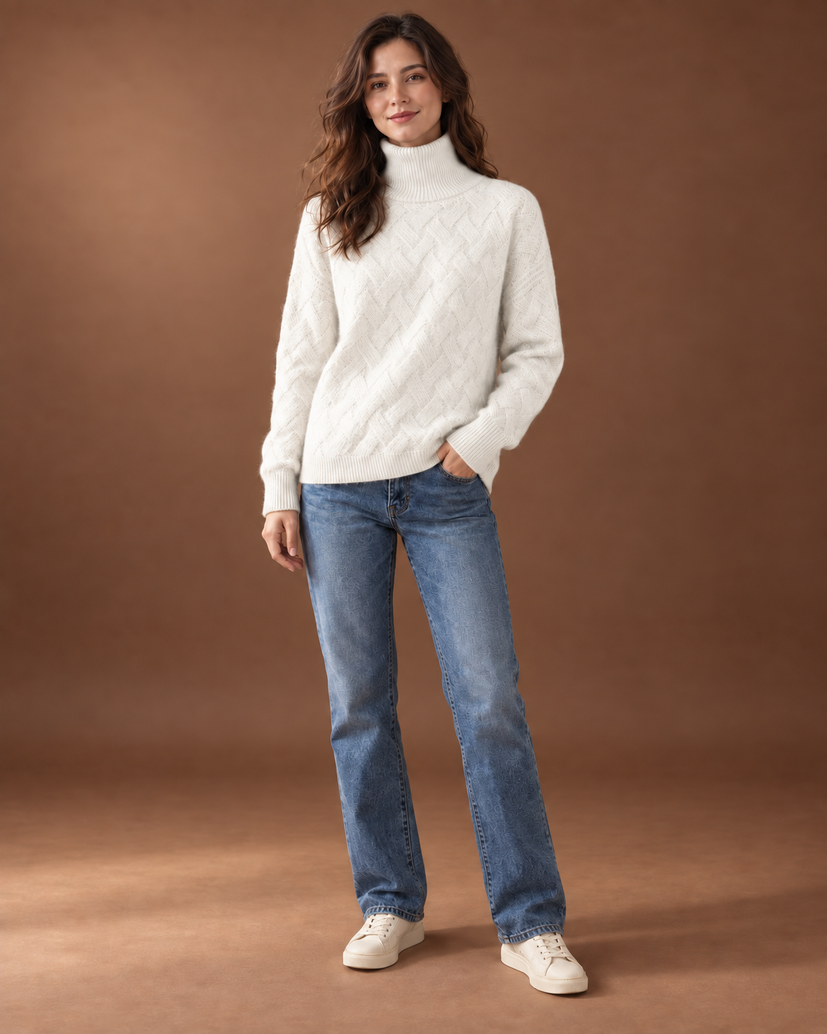 Elowen Cable Knit Turtleneck Sweater for Women - Cozy Ribbed Cuff in Off White