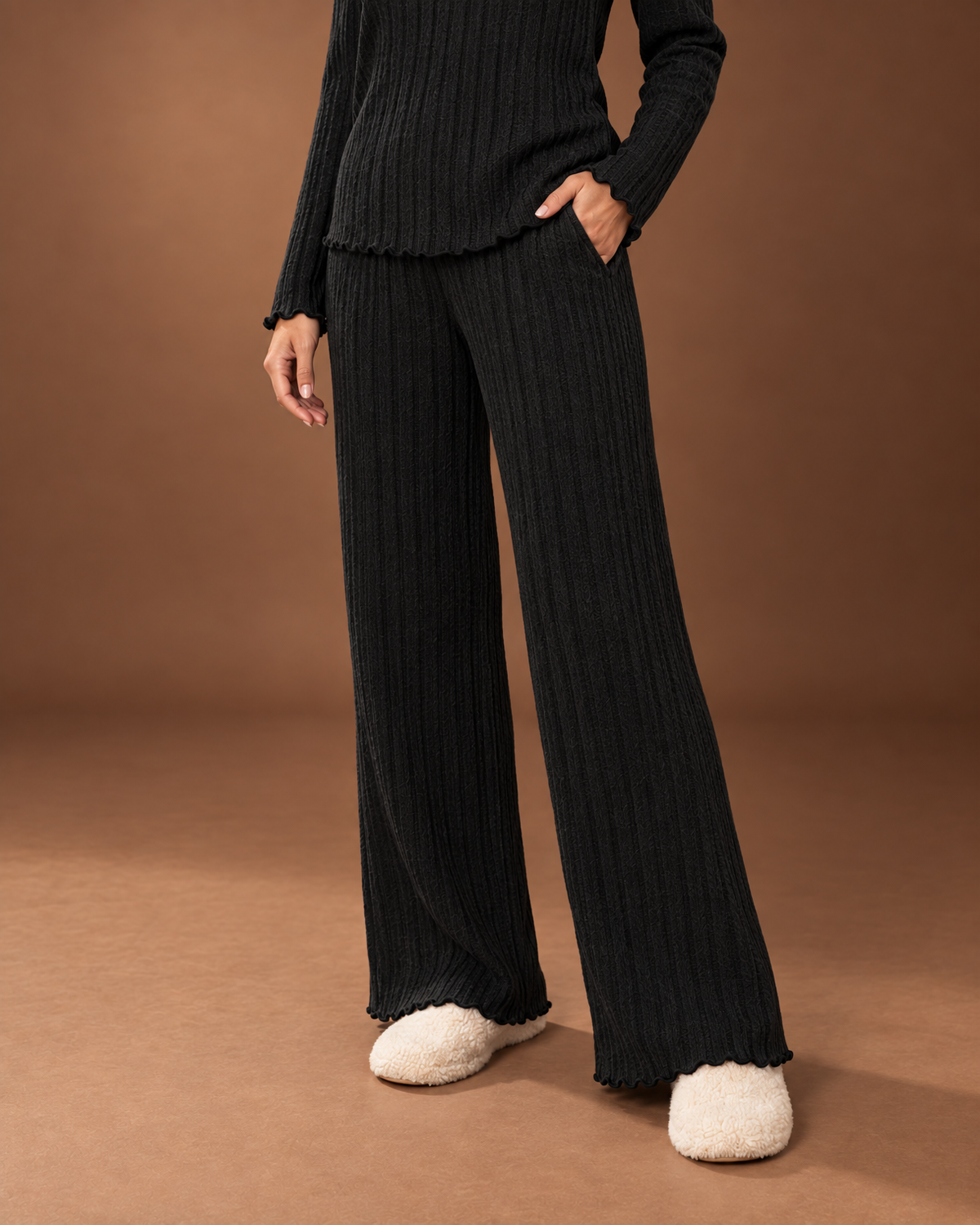 Estelle Ribbed Knit Lounge Set for Women - Scalloped Trim Two Piece additional view