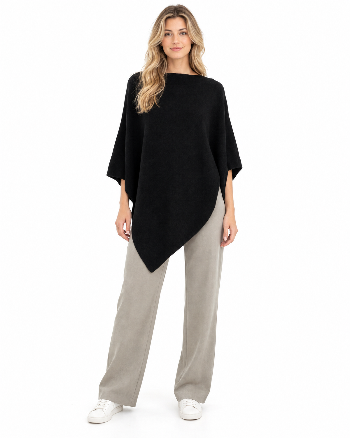Evangeline Knit Poncho for Women - Boat Neck Asymmetric Hem in Black