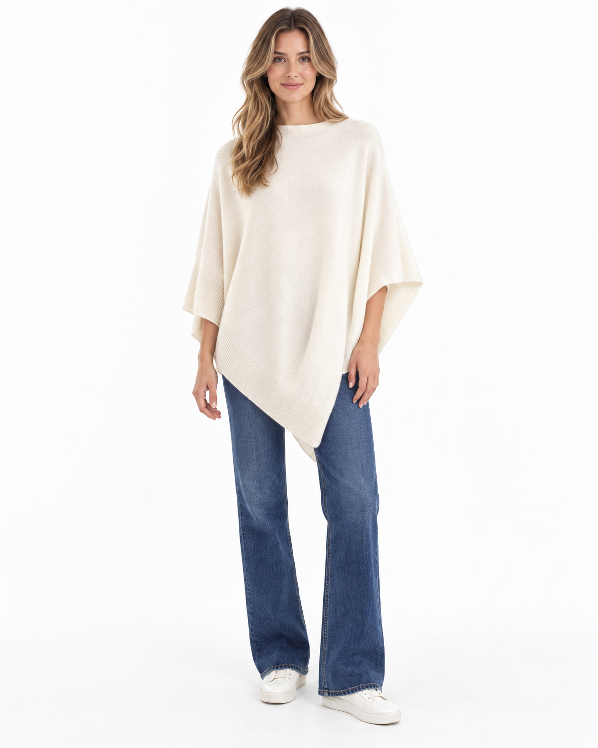 Evangeline Knit Poncho for Women - Boat Neck Asymmetric Hem in Beige
