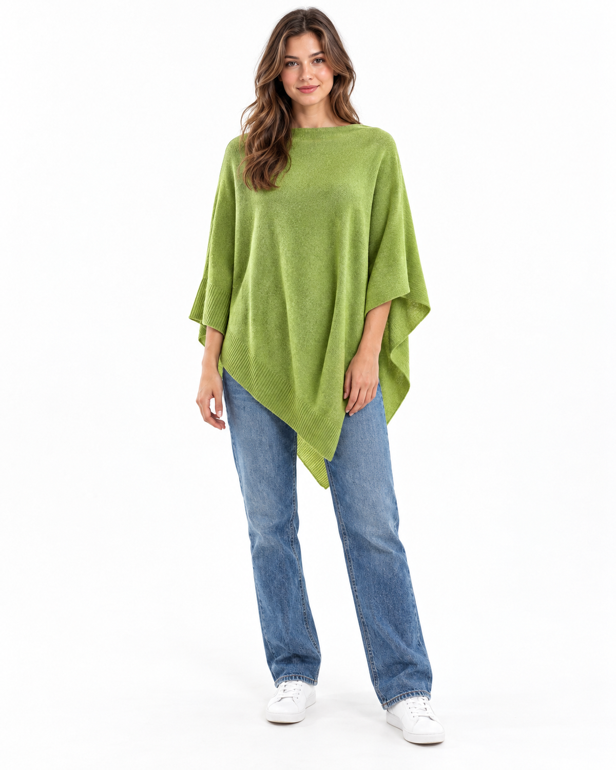 Evangeline Knit Poncho for Women - Boat Neck Asymmetric Hem in Green