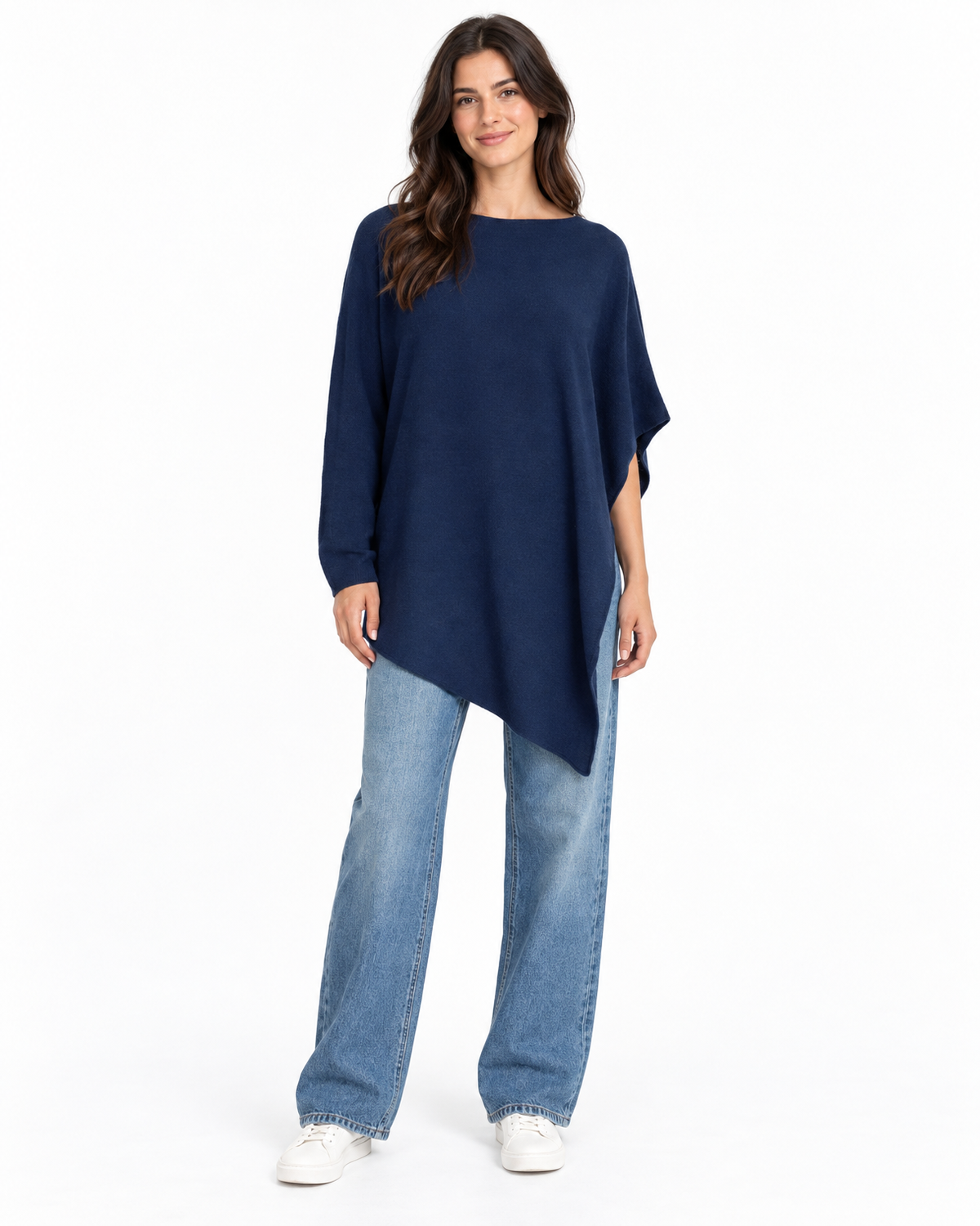 Evangeline Knit Poncho for Women - Boat Neck Asymmetric Hem in Navy Blue