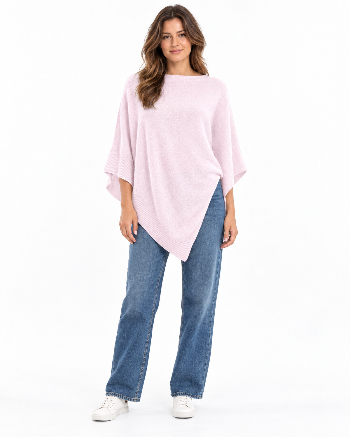 Evangeline Knit Poncho for Women - Boat Neck Asymmetric Hem in Pink