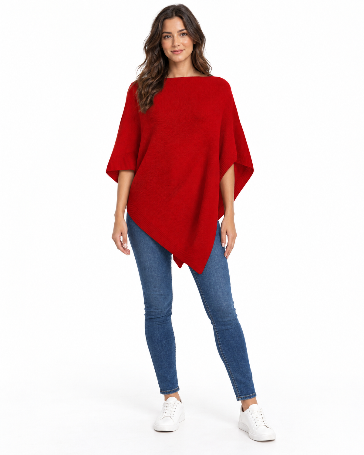 Evangeline Knit Poncho for Women - Boat Neck Asymmetric Hem in Red