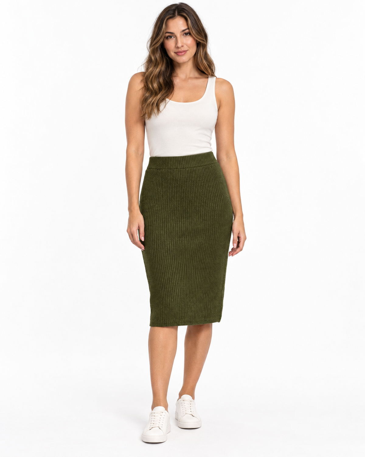 Fiora Ribbed Knit Pencil Skirt for Women - Knee Length Back Slit in Army Green