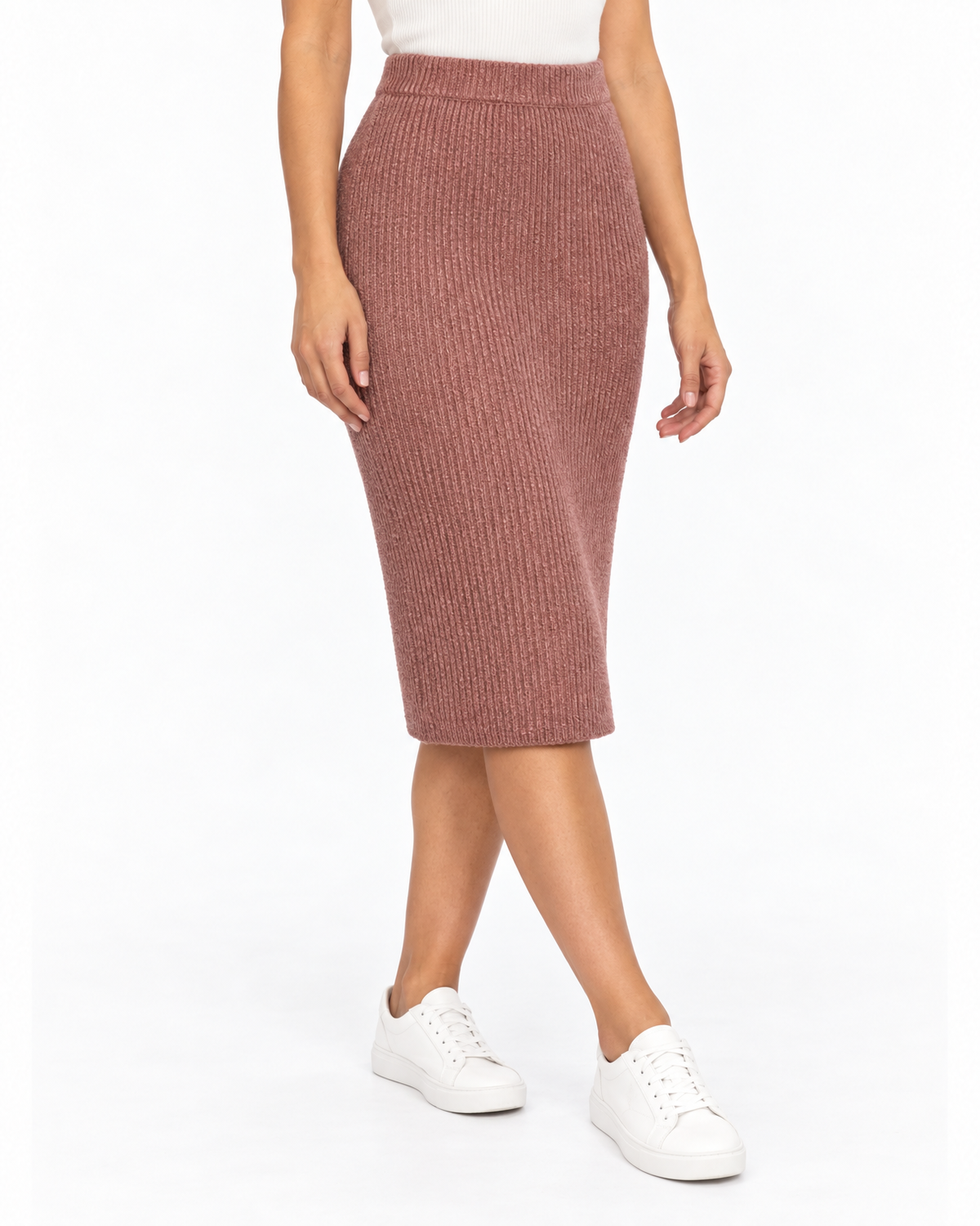 Fiora Ribbed Knit Pencil Skirt for Women - Knee Length Back Slit additional view