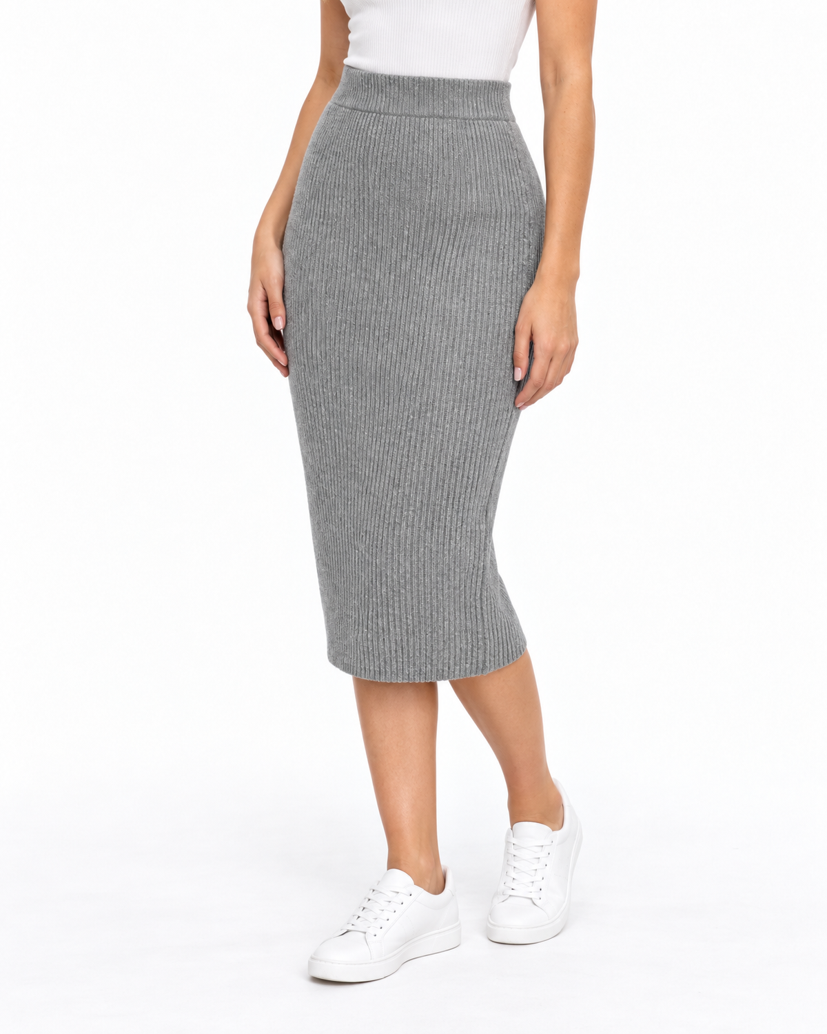 Fiora Ribbed Knit Pencil Skirt for Women - Knee Length Back Slit additional view