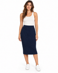 Fiora Ribbed Knit Pencil Skirt for Women - Knee Length Back Slit in Navy Blue