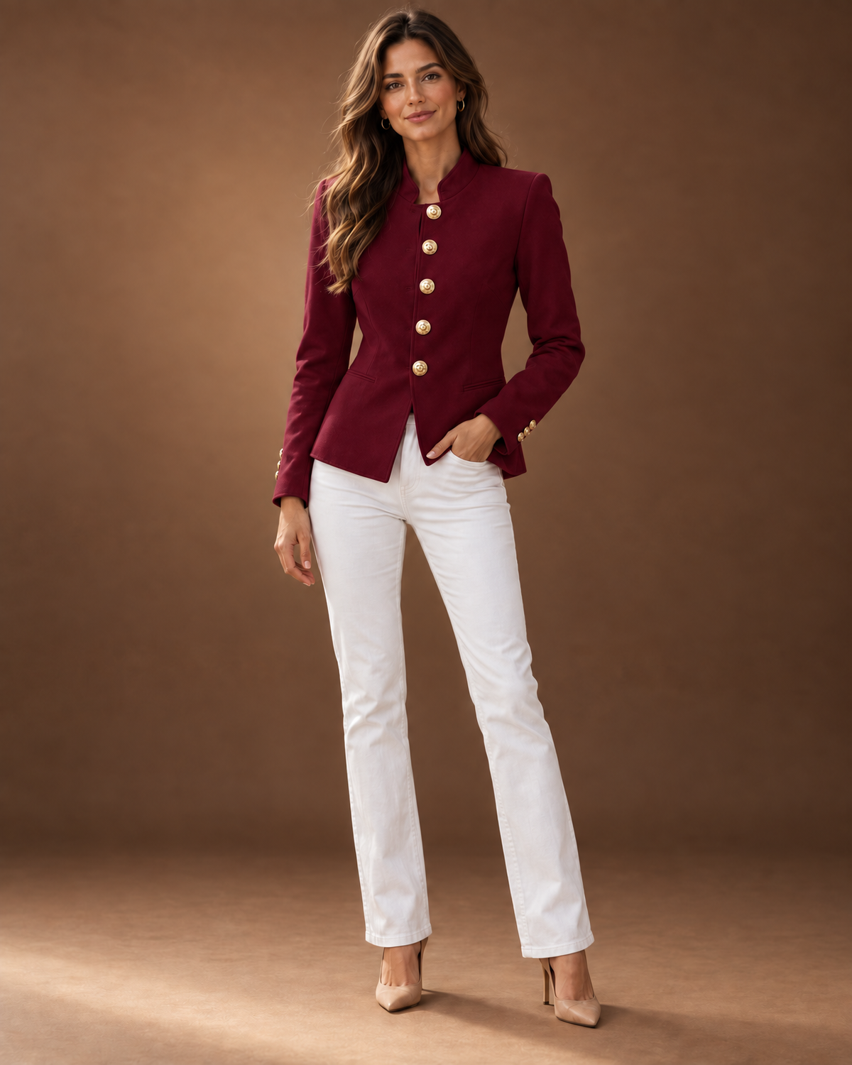 Genevra Tailored Military Blazer for Women - Gold Button Fitted in Burgundy