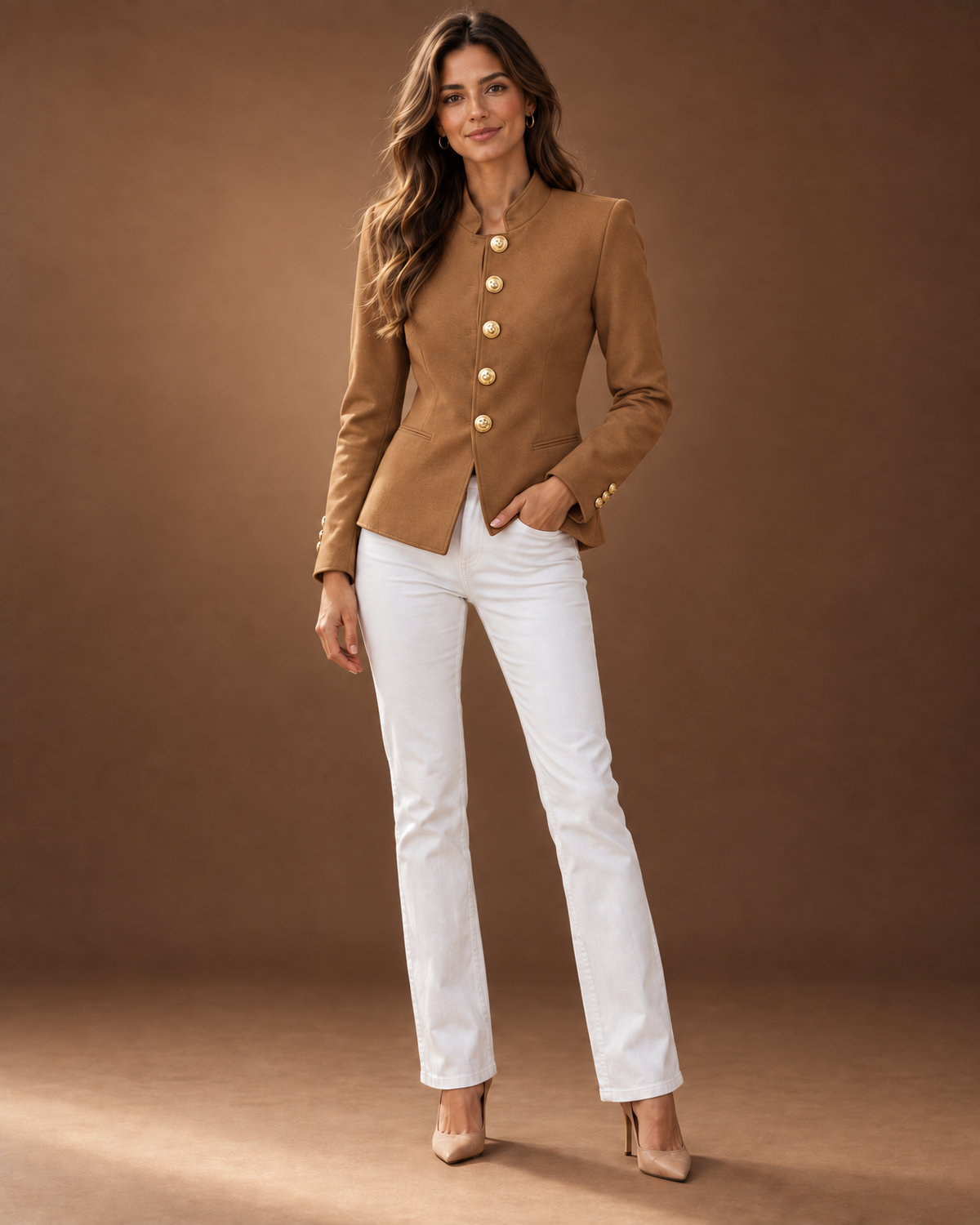 Genevra Tailored Military Blazer for Women - Gold Button Fitted in Camel Brown