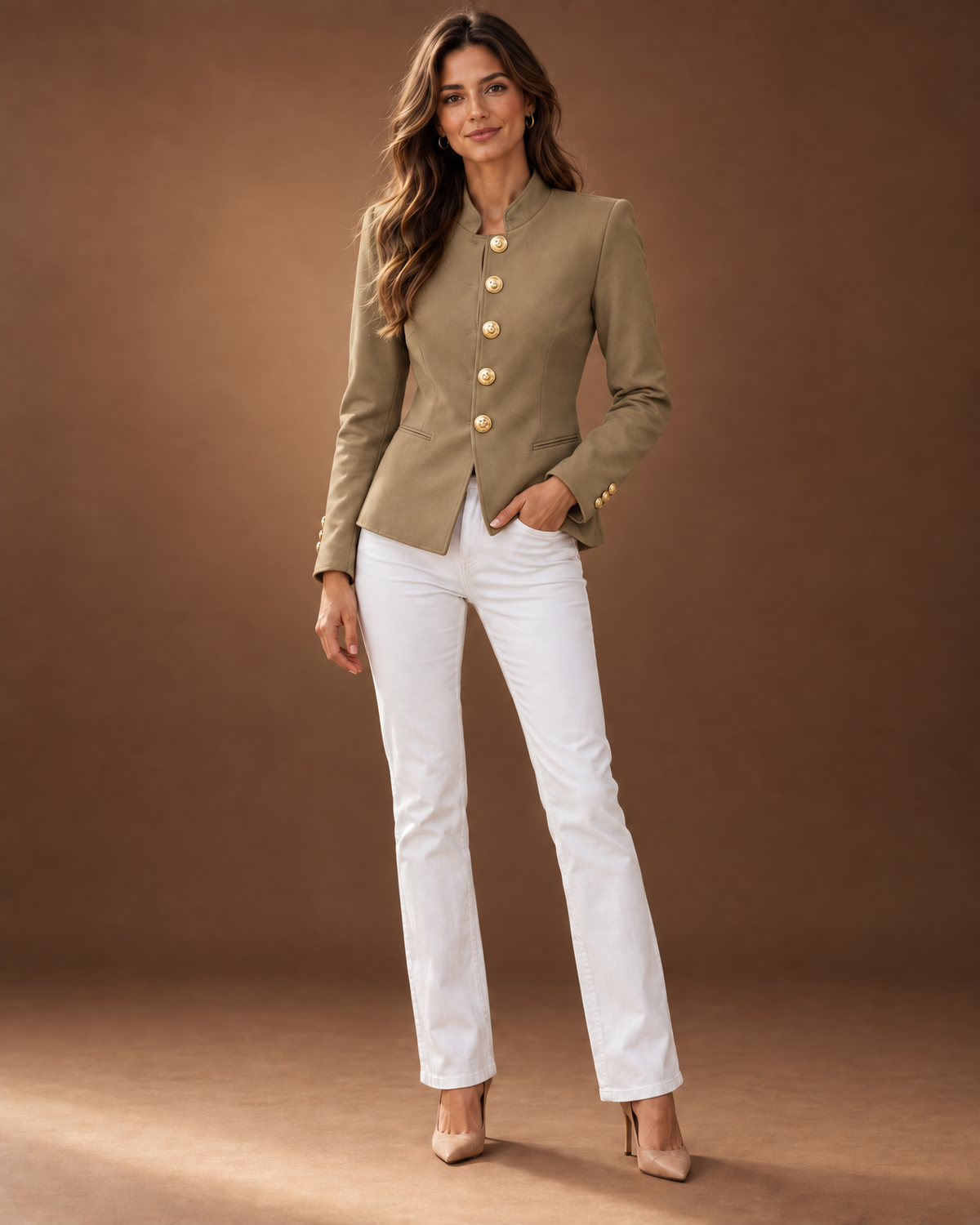 Genevra Tailored Military Blazer for Women - Gold Button Fitted in Khaki