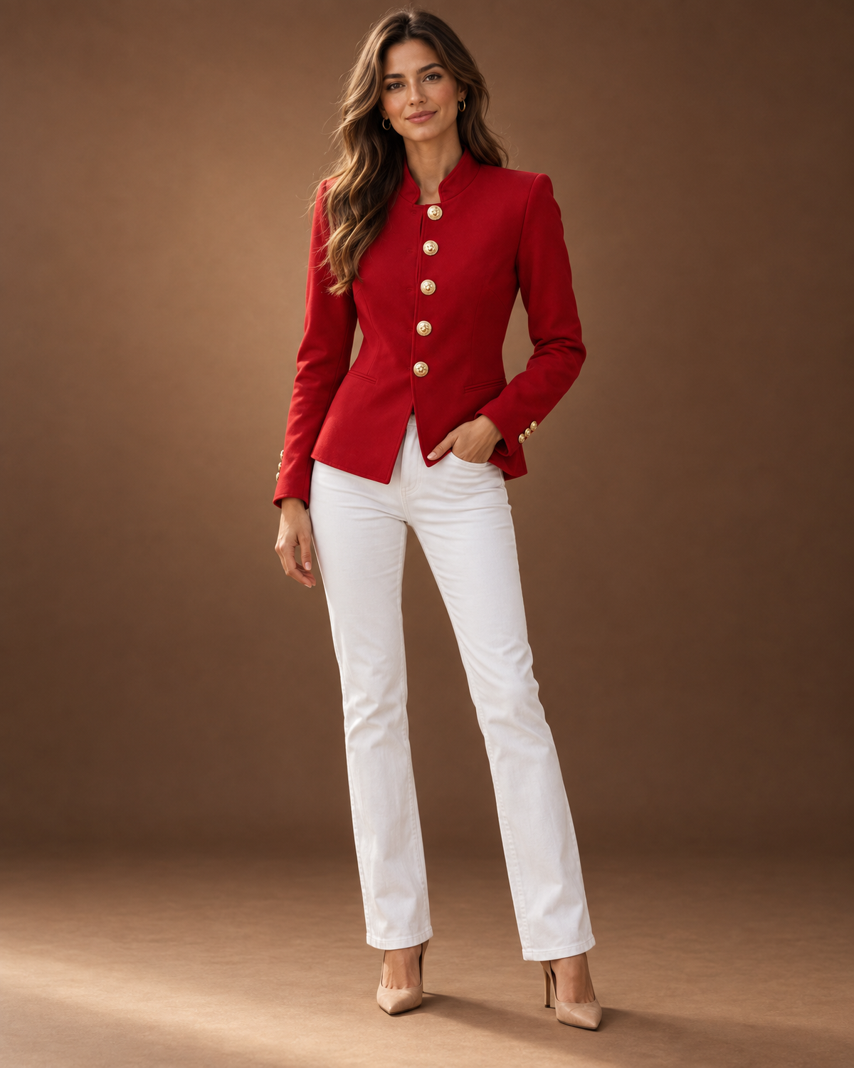 Genevra Tailored Military Blazer for Women - Gold Button Fitted in Red