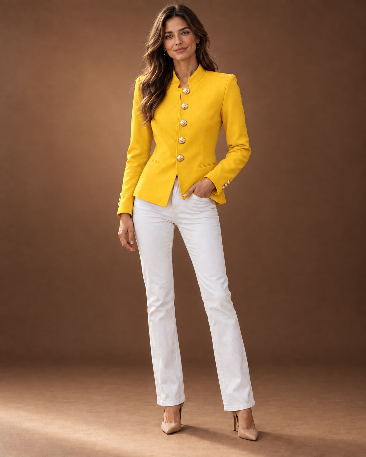 Genevra Tailored Military Blazer for Women - Gold Button Fitted in Yellow