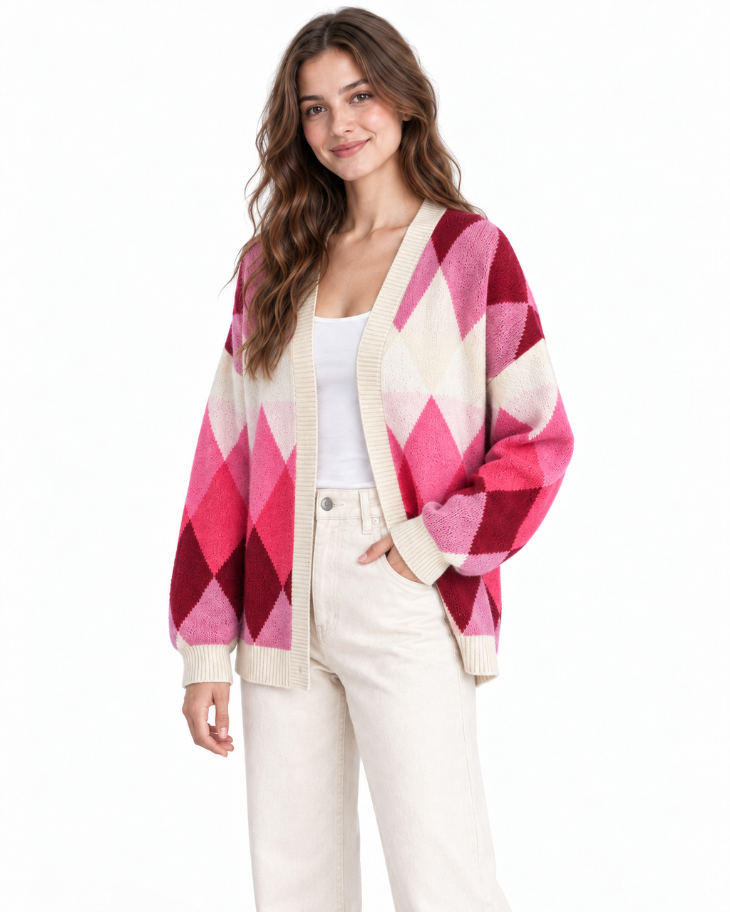 Gwendolyn Argyle Knit Cardigan for Women - Open Front Oversized - Hot Pink – detail view