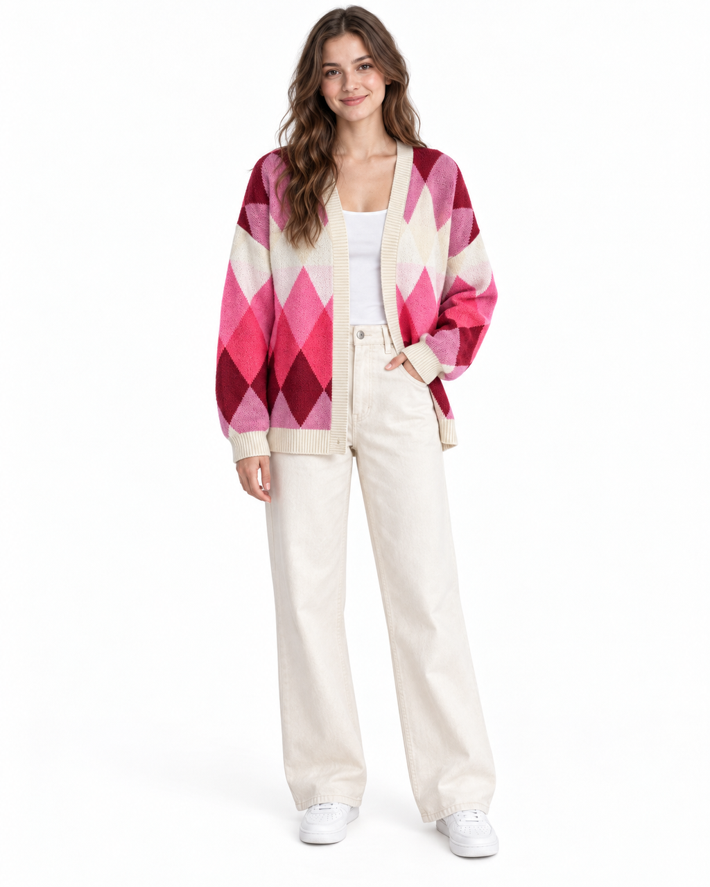 Gwendolyn Argyle Knit Cardigan for Women - Open Front V-Neck - Pink – front view