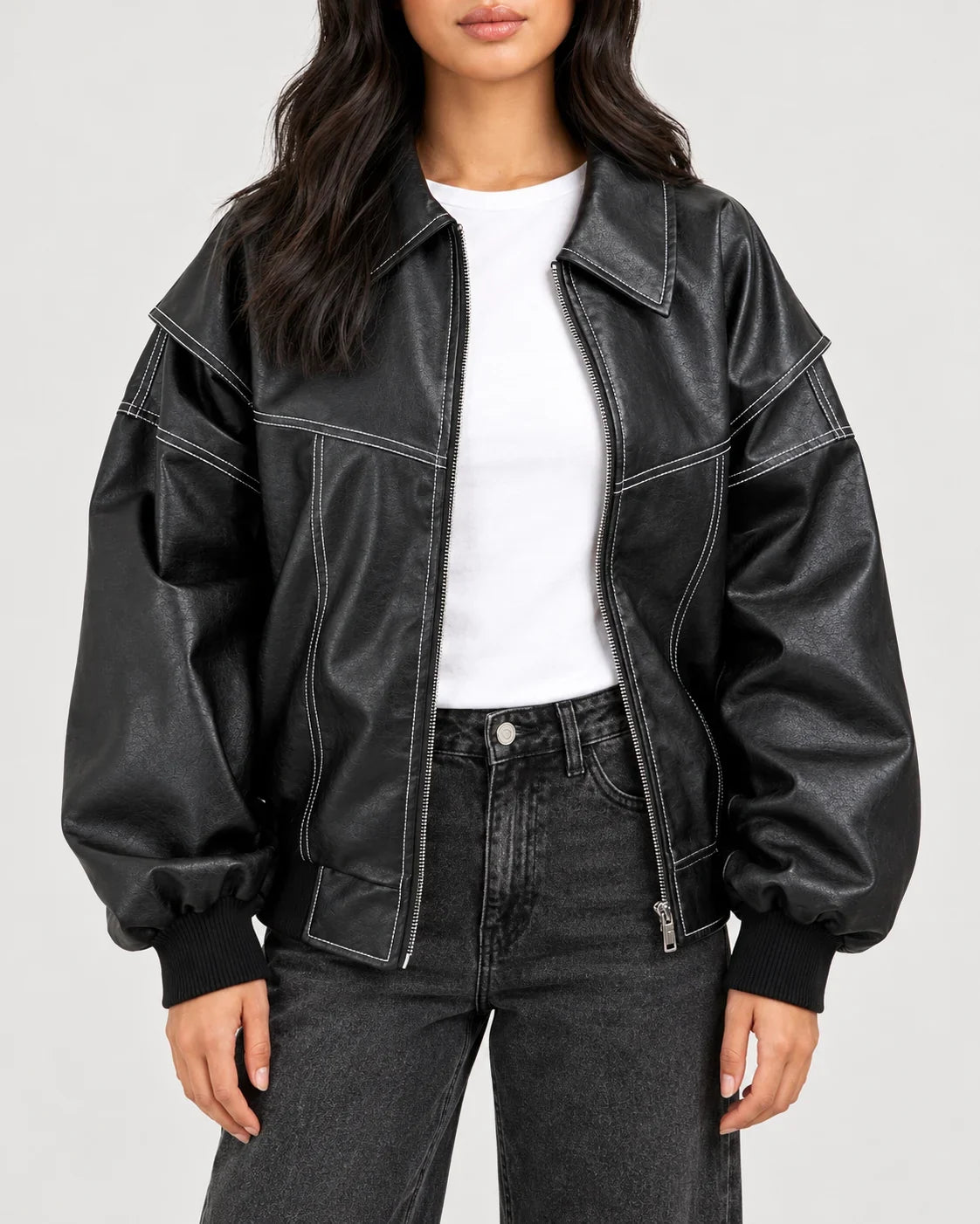 Black Bomber Jacket Women - Contrast Stitch Zip Front — first photo