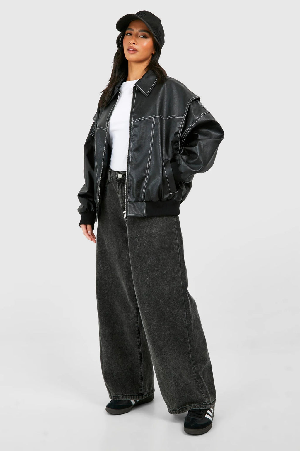 Black Bomber Jacket Women - Contrast Stitch Zip Front — product view 2