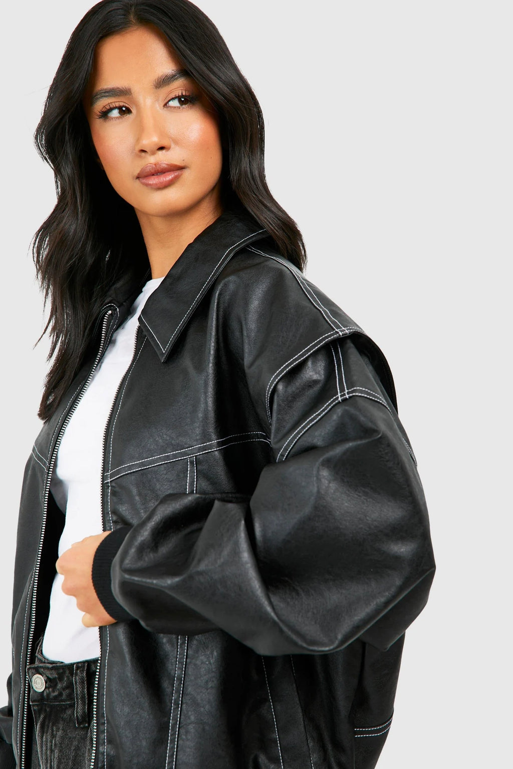 Black Bomber Jacket Women - Contrast Stitch Zip Front — product view 3