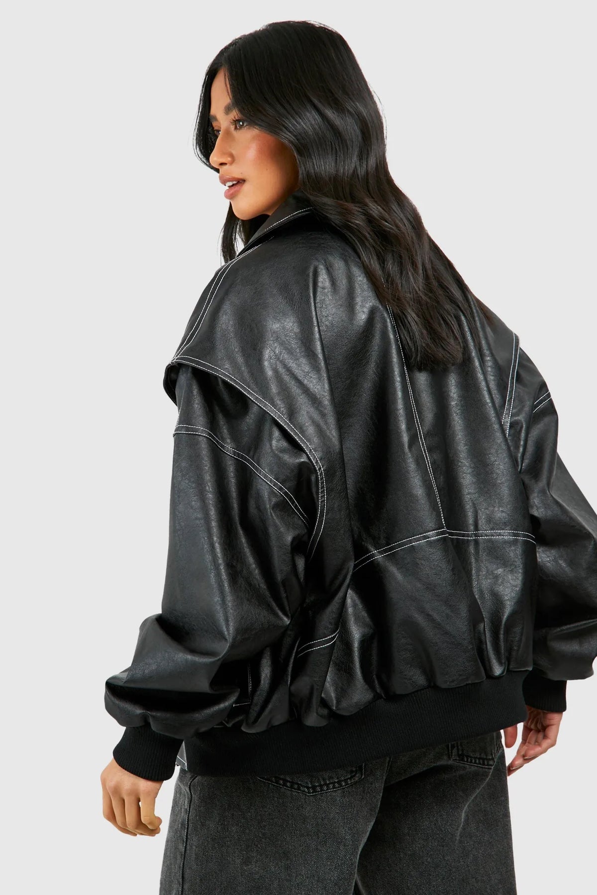 Black Bomber Jacket Women - Contrast Stitch Zip Front — product view 4