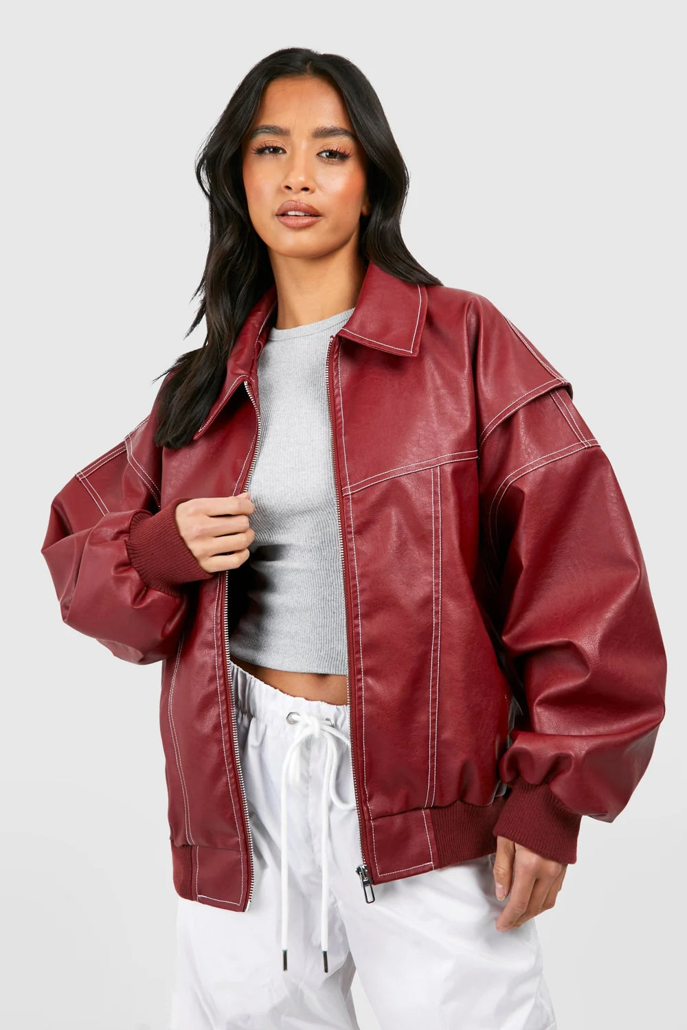 Black Bomber Jacket Women - Contrast Stitch Zip Front — original product photo
