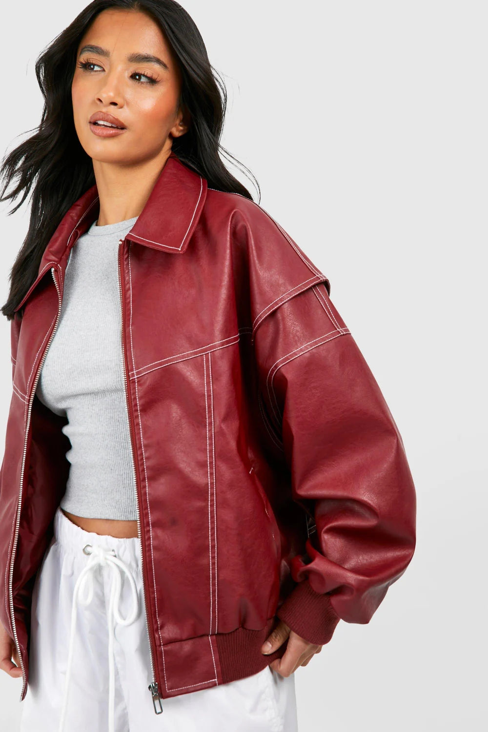 Black Bomber Jacket Women - Contrast Stitch Zip Front — original product photo