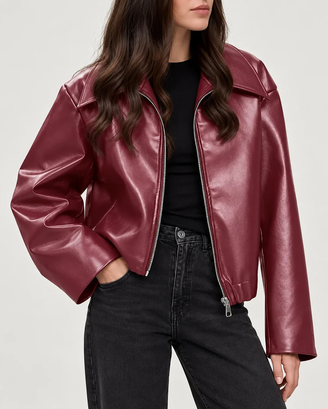 Burgundy Bomber Jacket Women - Oversized Zip Front — first photo