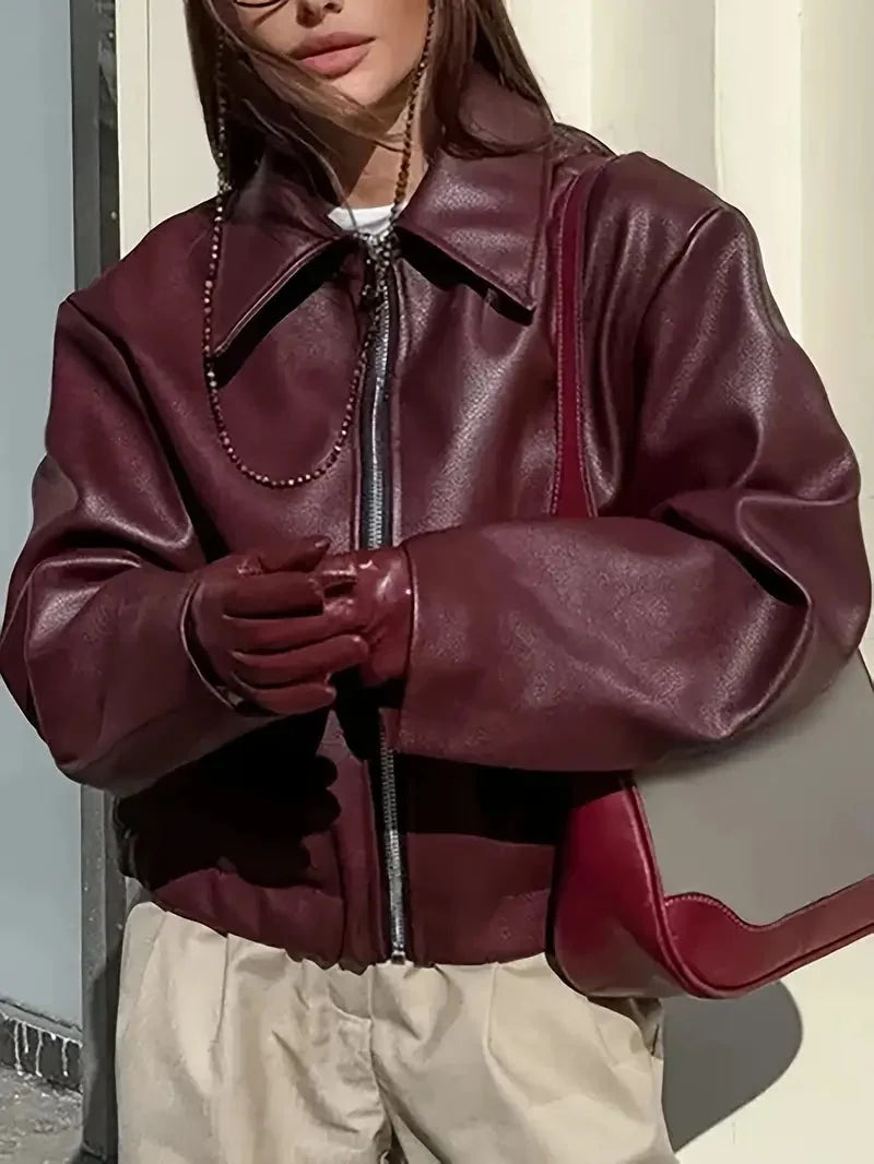 Burgundy Bomber Jacket Women - Oversized Zip Front — product view 2