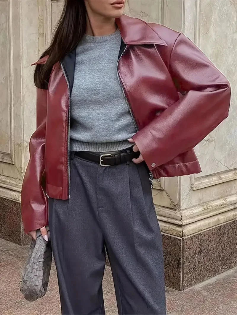 Burgundy Bomber Jacket Women - Oversized Zip Front — product view 5